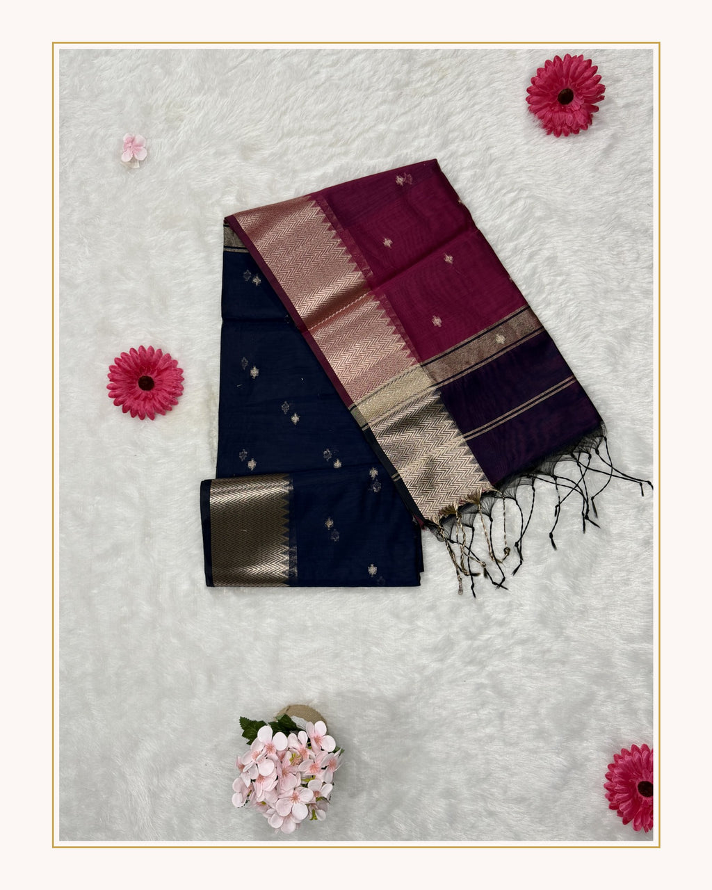 Maheswari - Cotton Silk - Navy Blue Majenta Butti