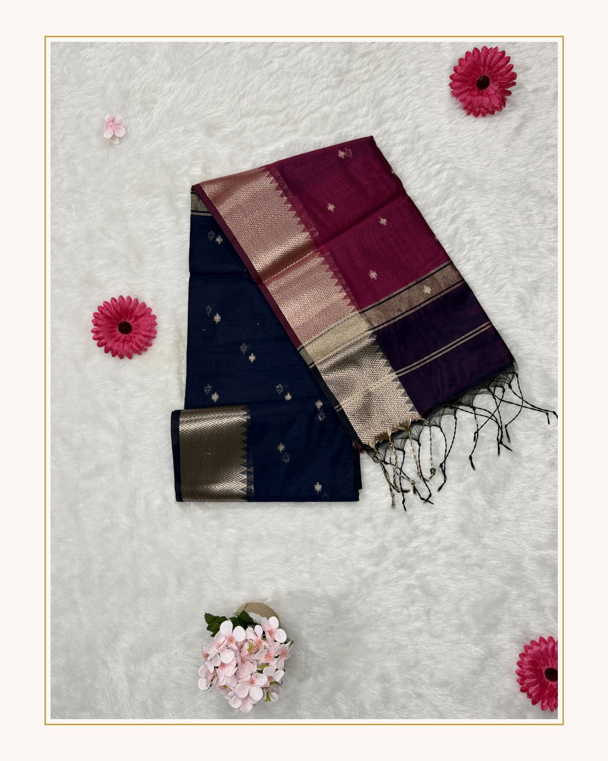 Maheswari - Cotton Silk - Navy Blue Majenta Butti