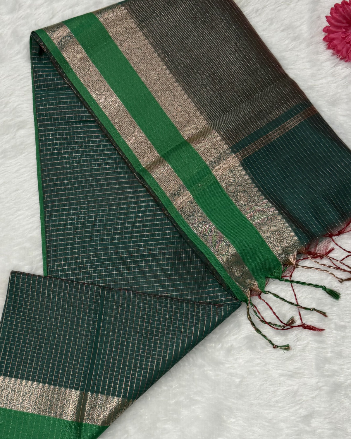 Maheswari - Cotton Silk - Green Red D checks Zari