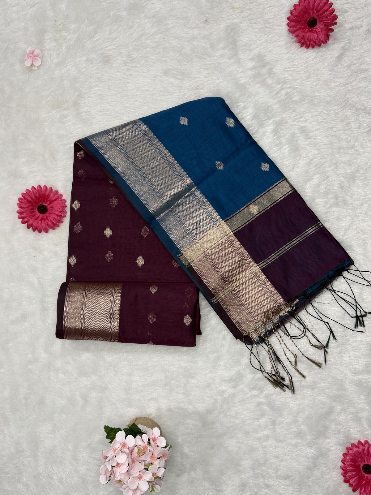 Maheswari - Cotton Silk - Maroon Blue Butti