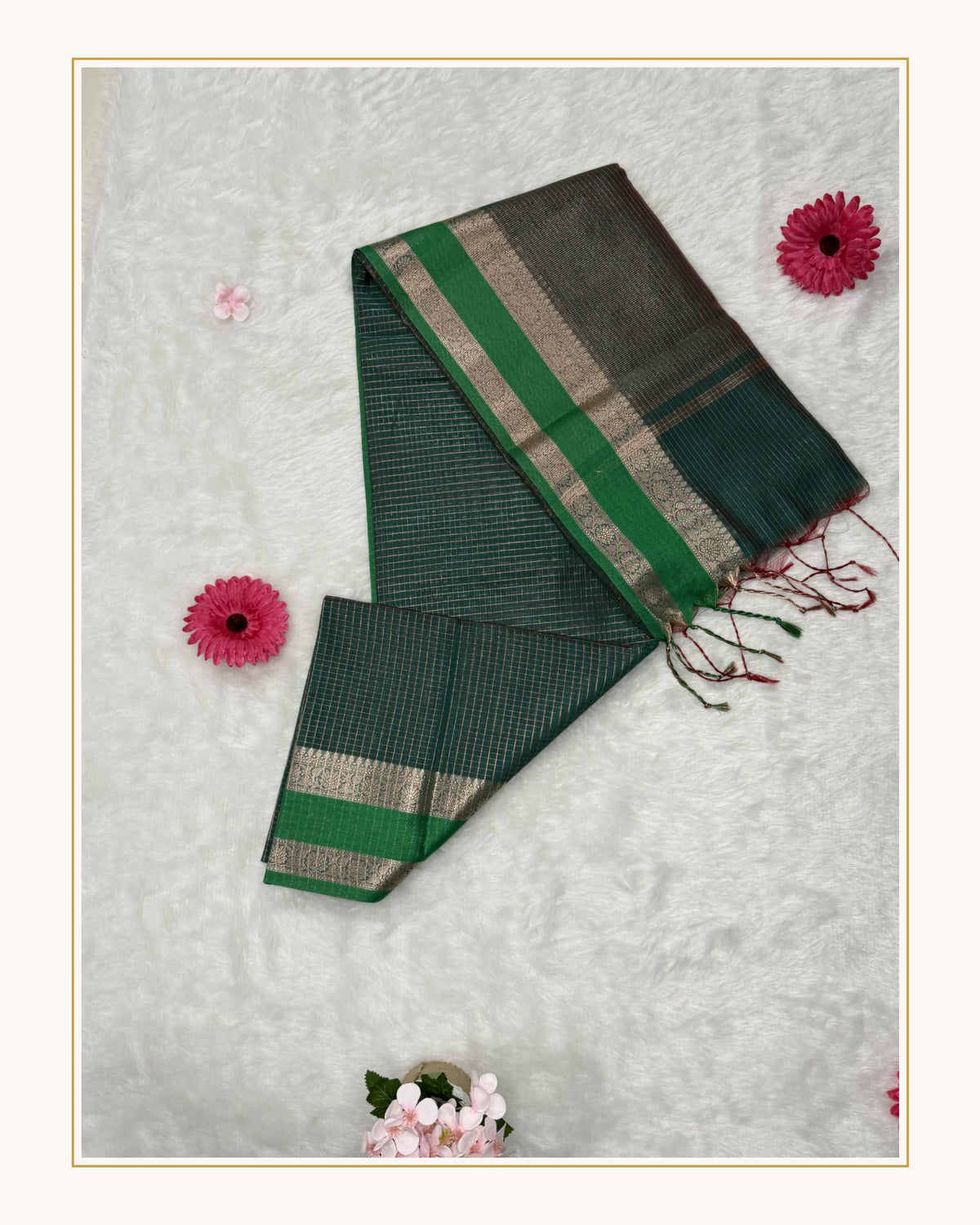 Maheshwari - Cotton Silk - Light Green Red D checks Zari