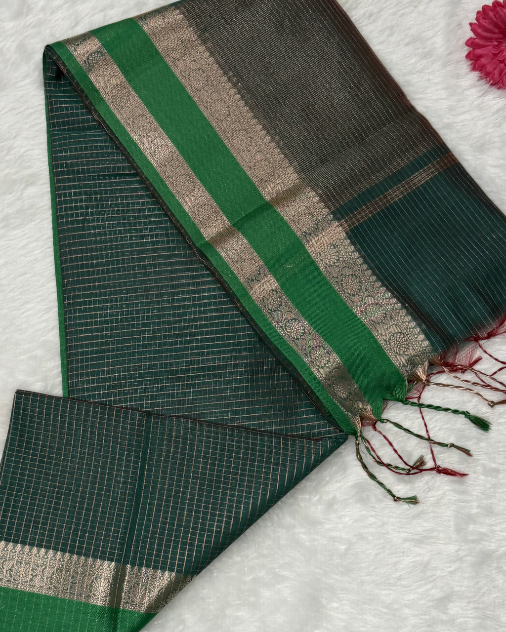Maheshwari - Cotton Silk - Light Green Red D checks Zari