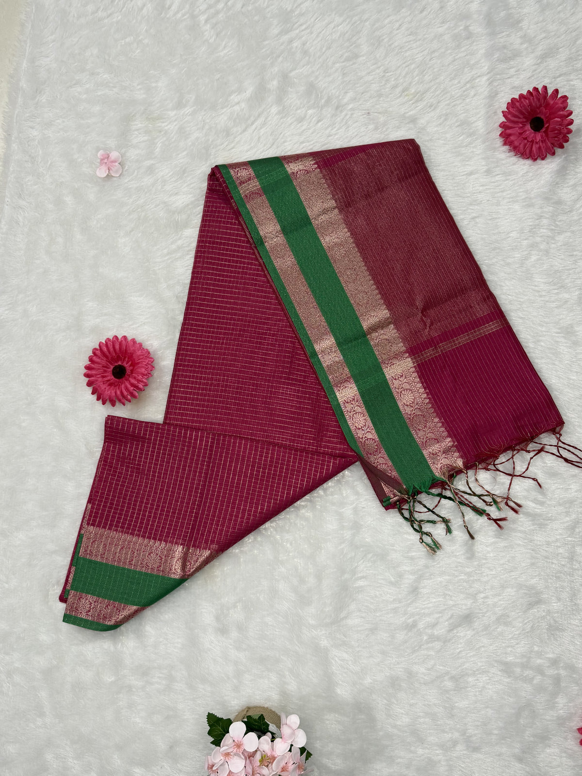 Maheswari - Cotton Silk - Pink Green Dual Checks