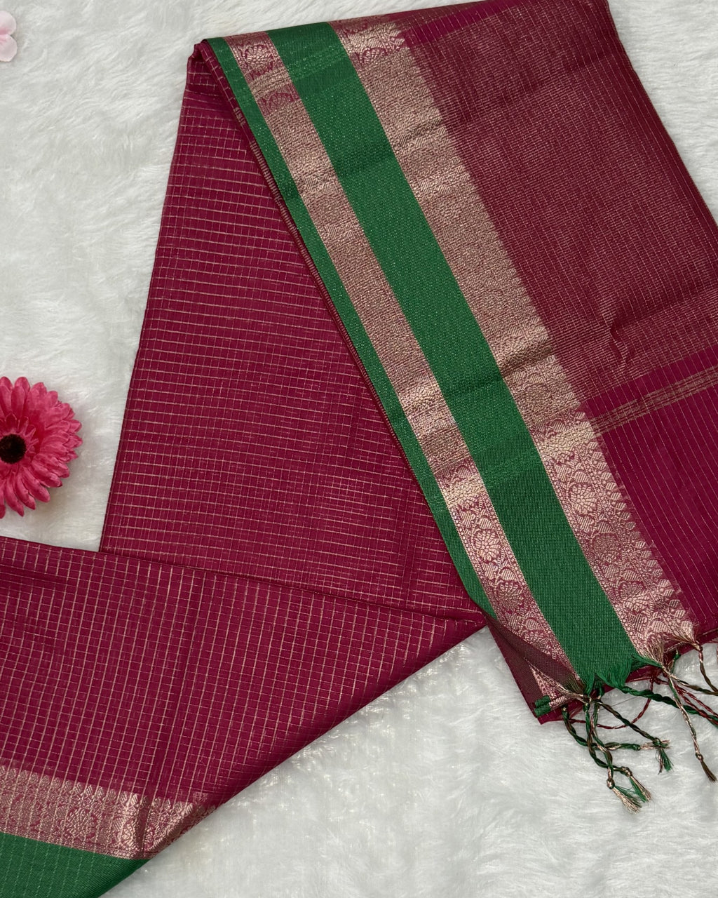 Maheswari - Cotton Silk - Pink Green D Checks Zari