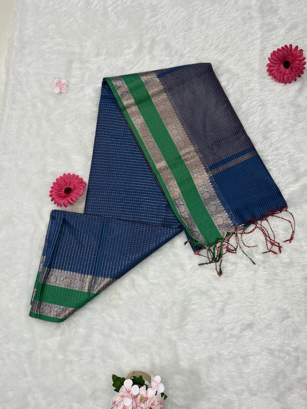 Maheshwari - Cotton Silk - Blue Green D checks Zari