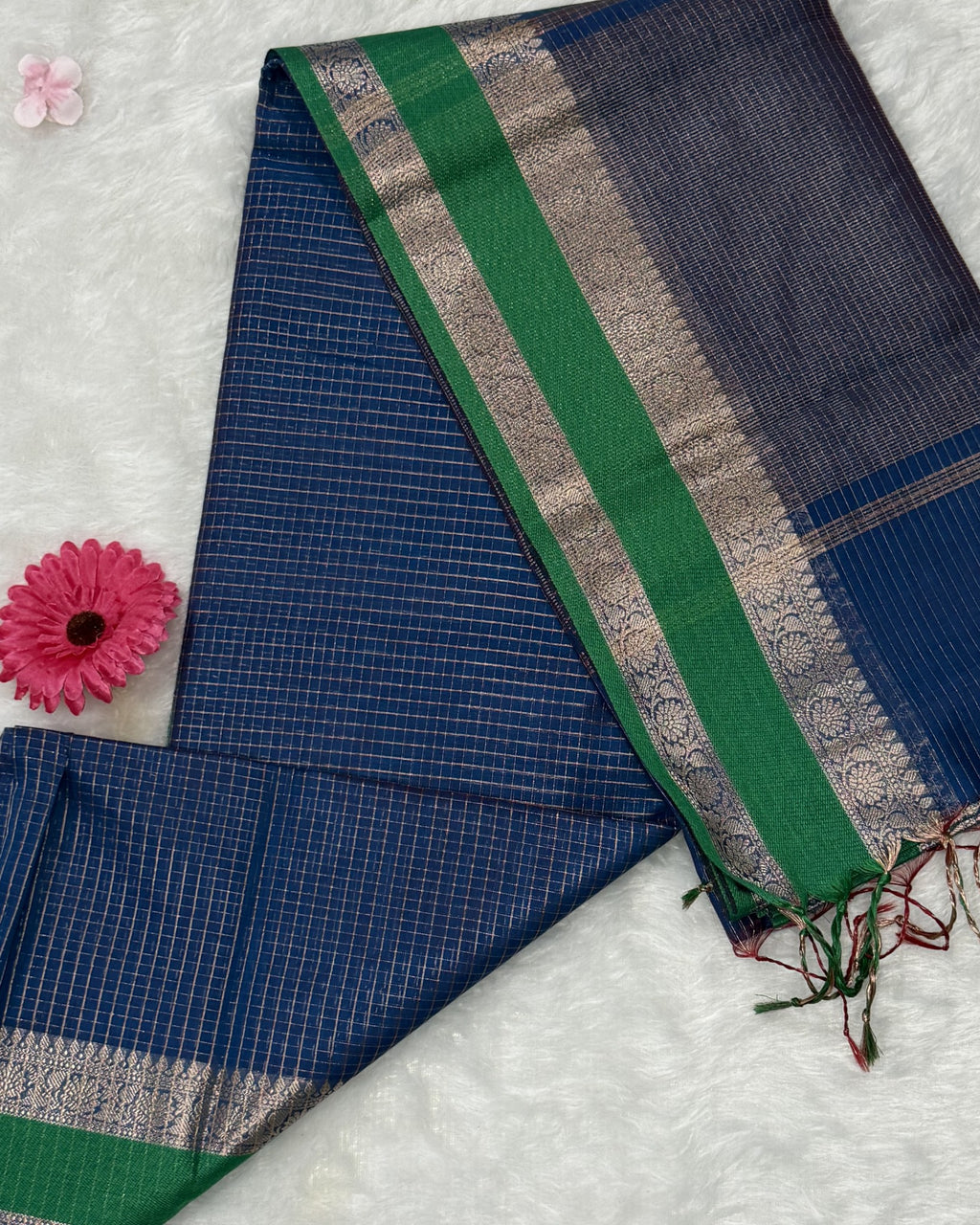 Maheshwari - Cotton Silk - Blue Green D checks Zari