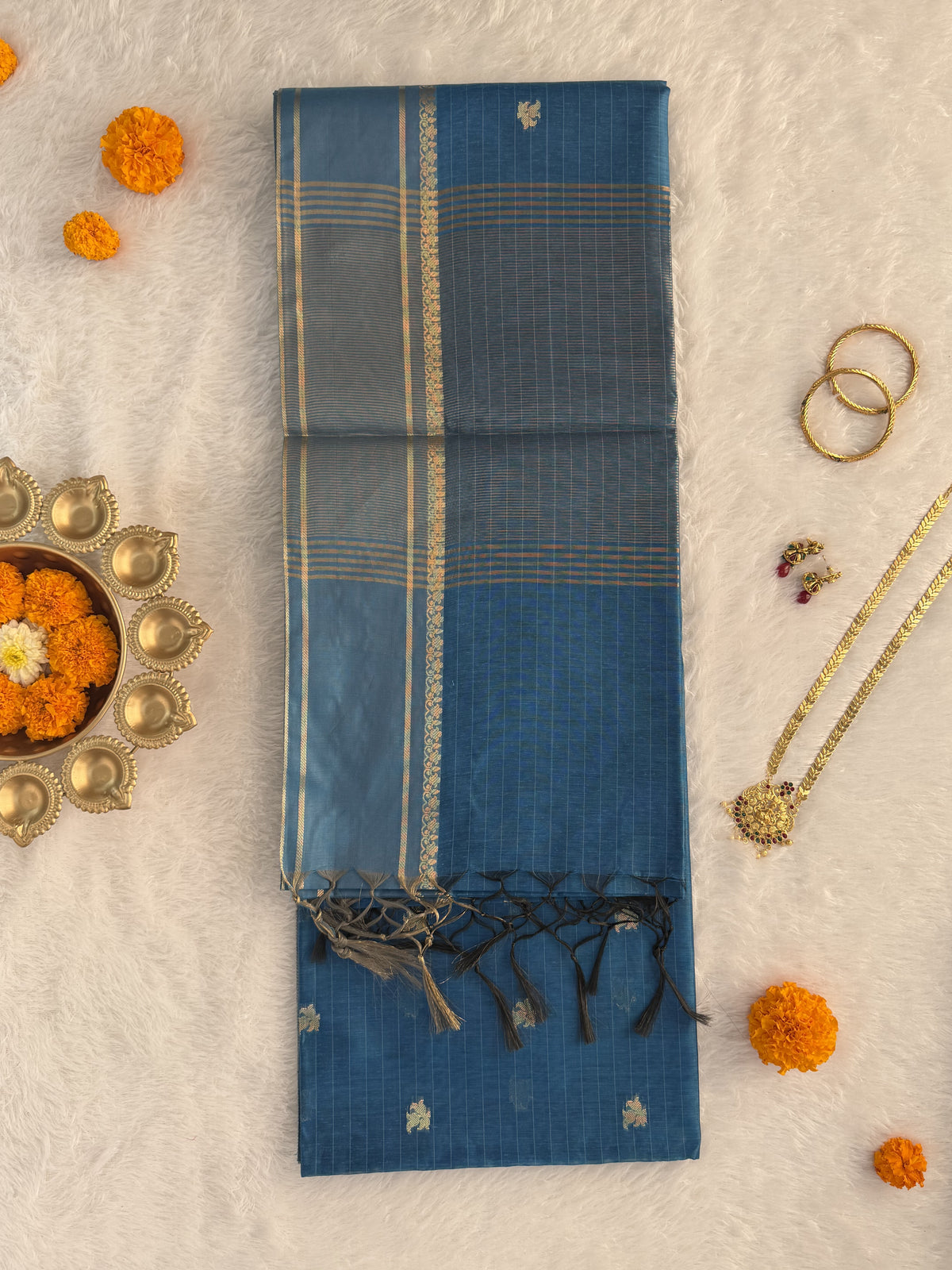 Maheshwari - Cotton Silk - L Blue Line Border