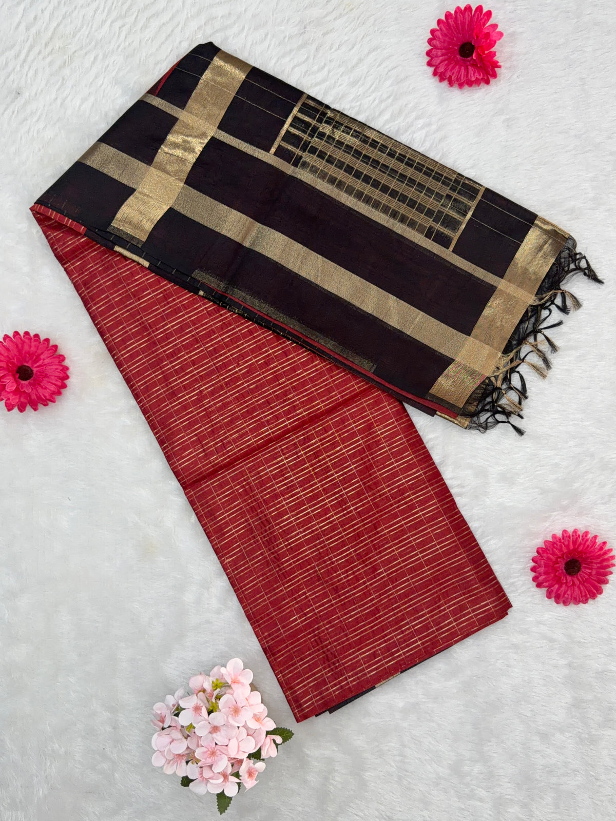 Maheshwari - Cotton Silk - Black Red Gold Lines
