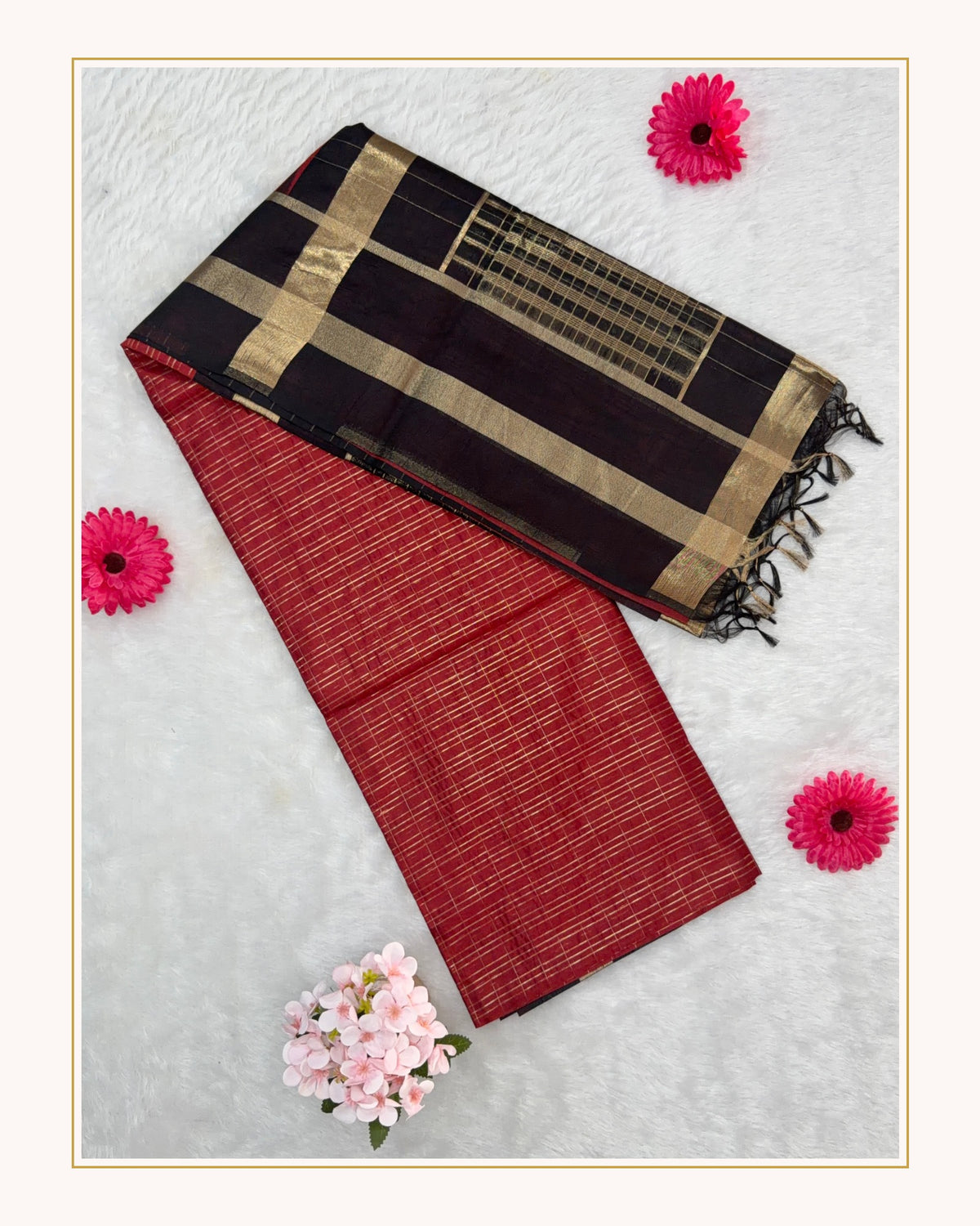 Maheshwari - Cotton Silk - Black Red Gold Lines