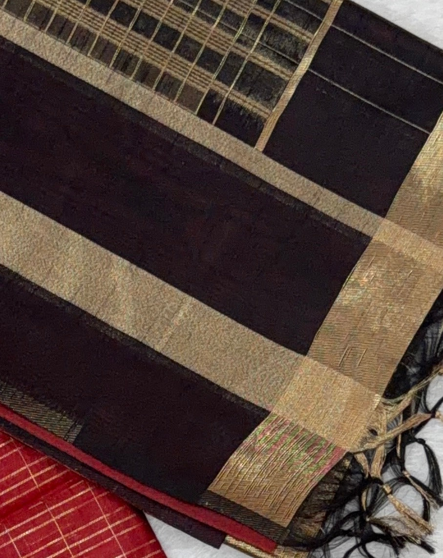 Maheshwari - Cotton Silk - Black Red Gold Lines