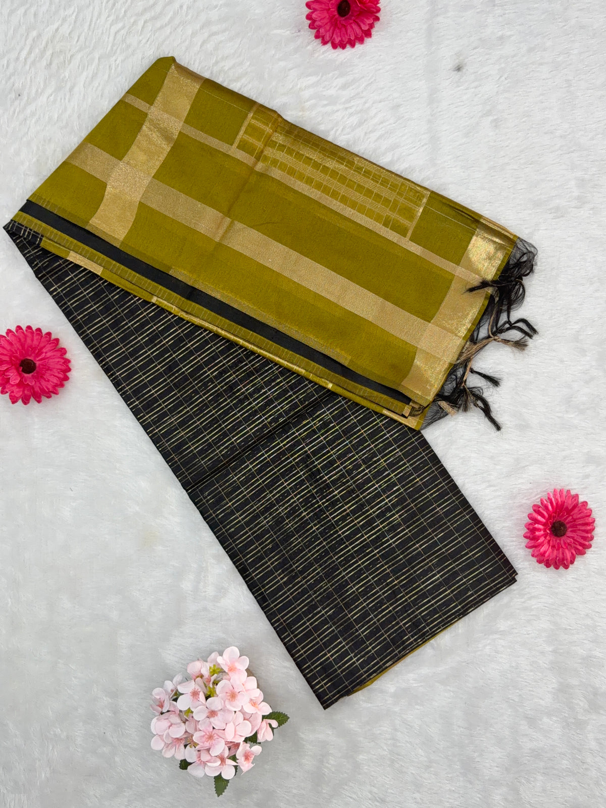 Maheshwari - Cotton Silk - Black Green Gold Lines