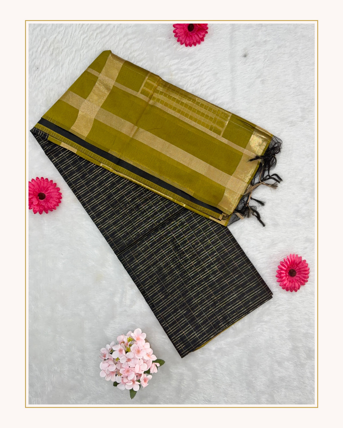 Maheshwari - Cotton Silk - Black Green Gold Lines