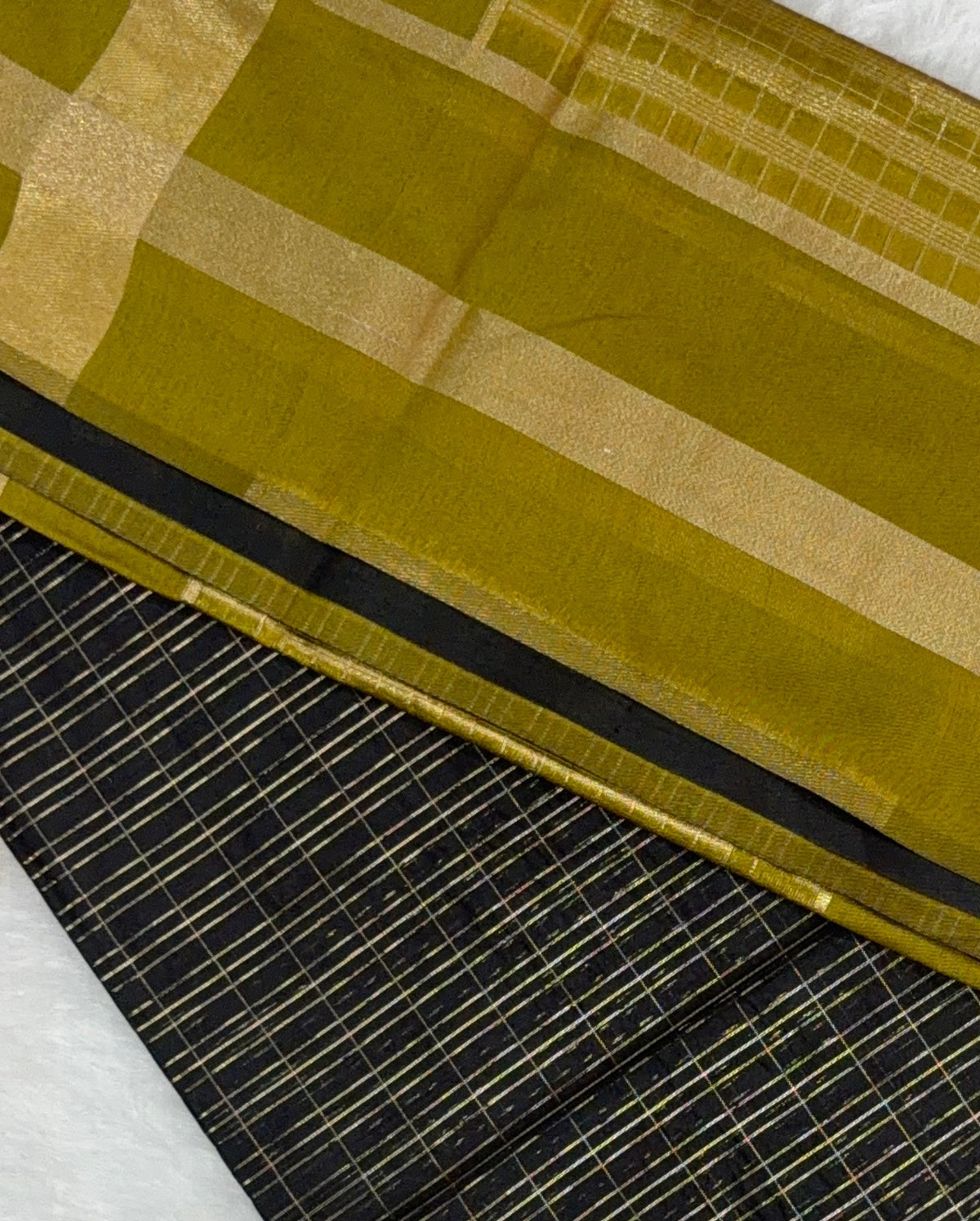 Maheshwari - Cotton Silk - Black Green Gold Lines