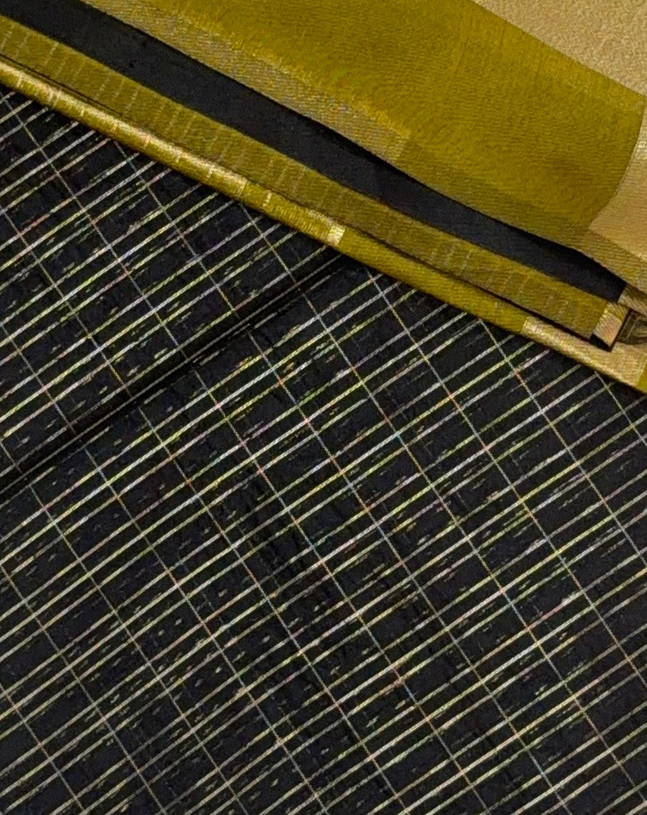 Maheshwari - Cotton Silk - Black Green Gold Lines
