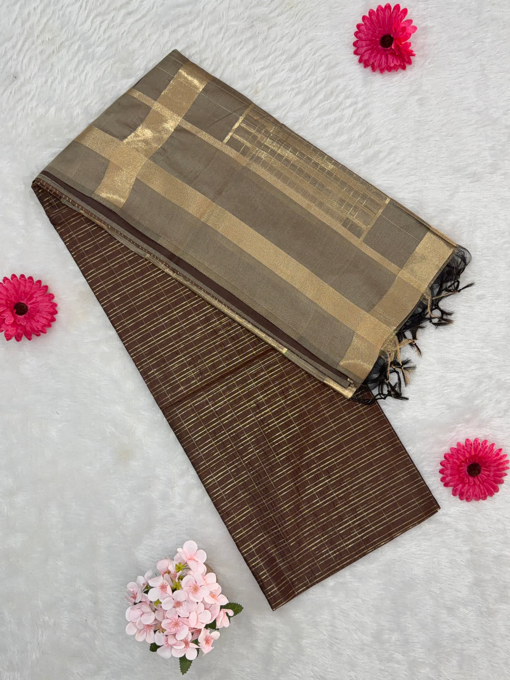 Maheshwari - Cotton Silk - Coffee Brown Gold Line