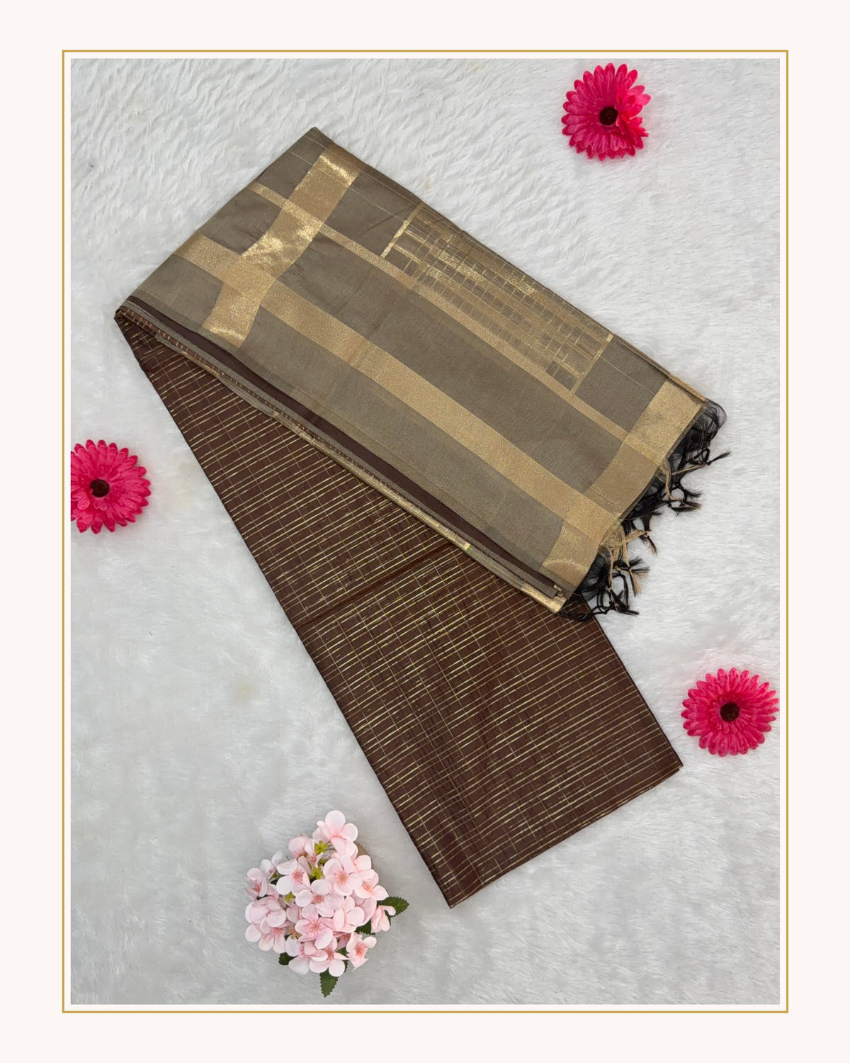 Maheshwari - Cotton Silk - Coffee Brown Gold Line
