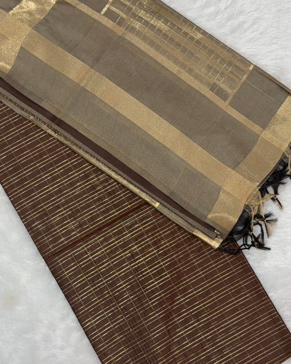 Maheshwari - Cotton Silk - Coffee Brown Gold Line