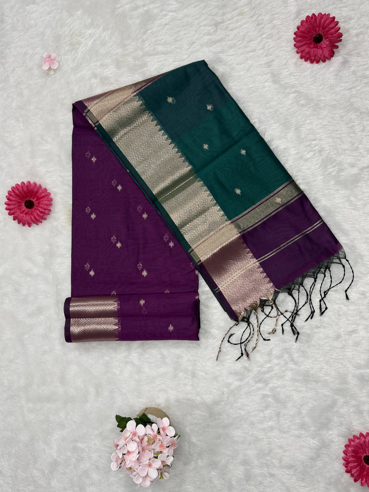 Maheshwari - Cotton Silk - Green Purple Butti
