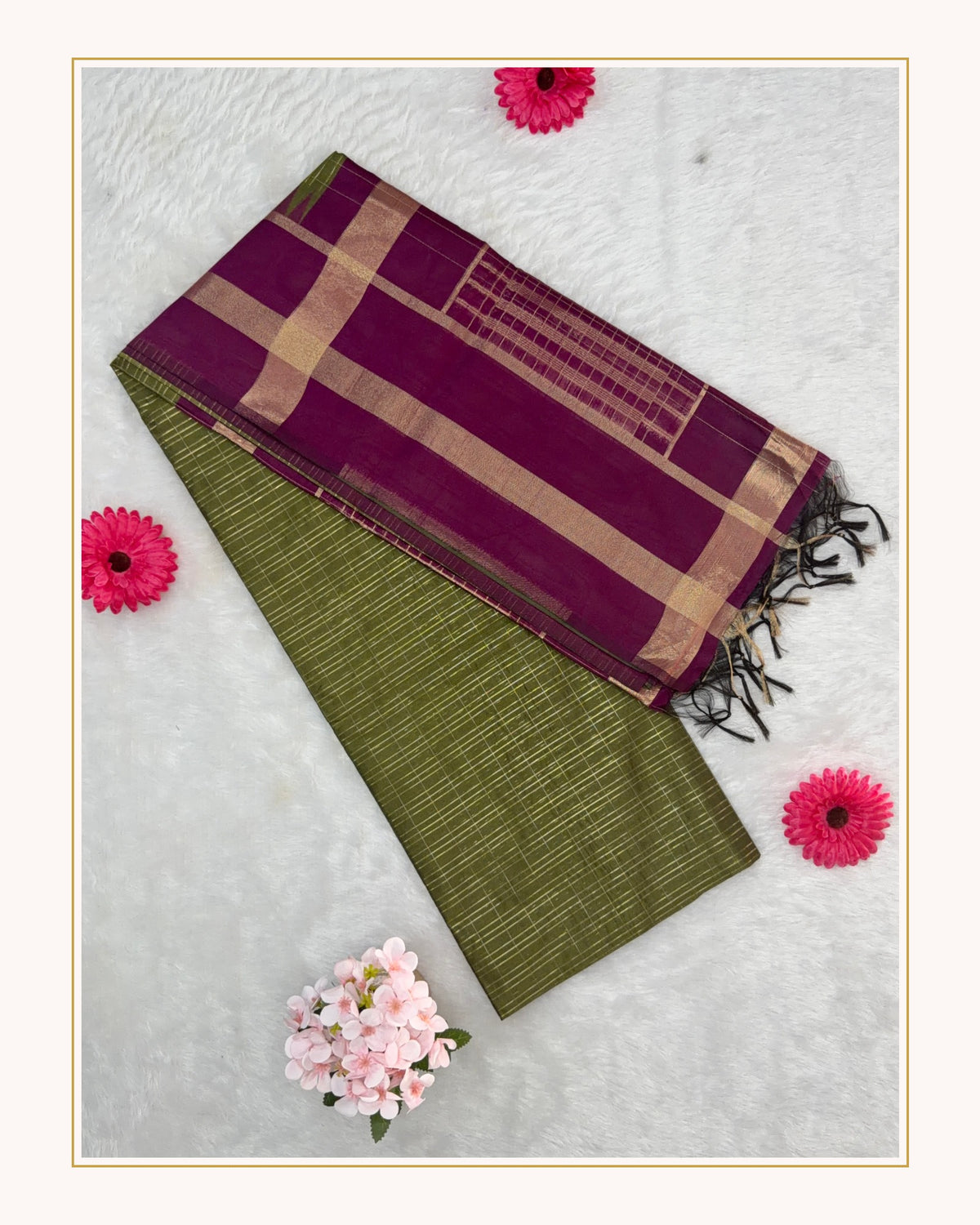 Maheshwari - Cotton Silk - Green Magenta Gold Lines