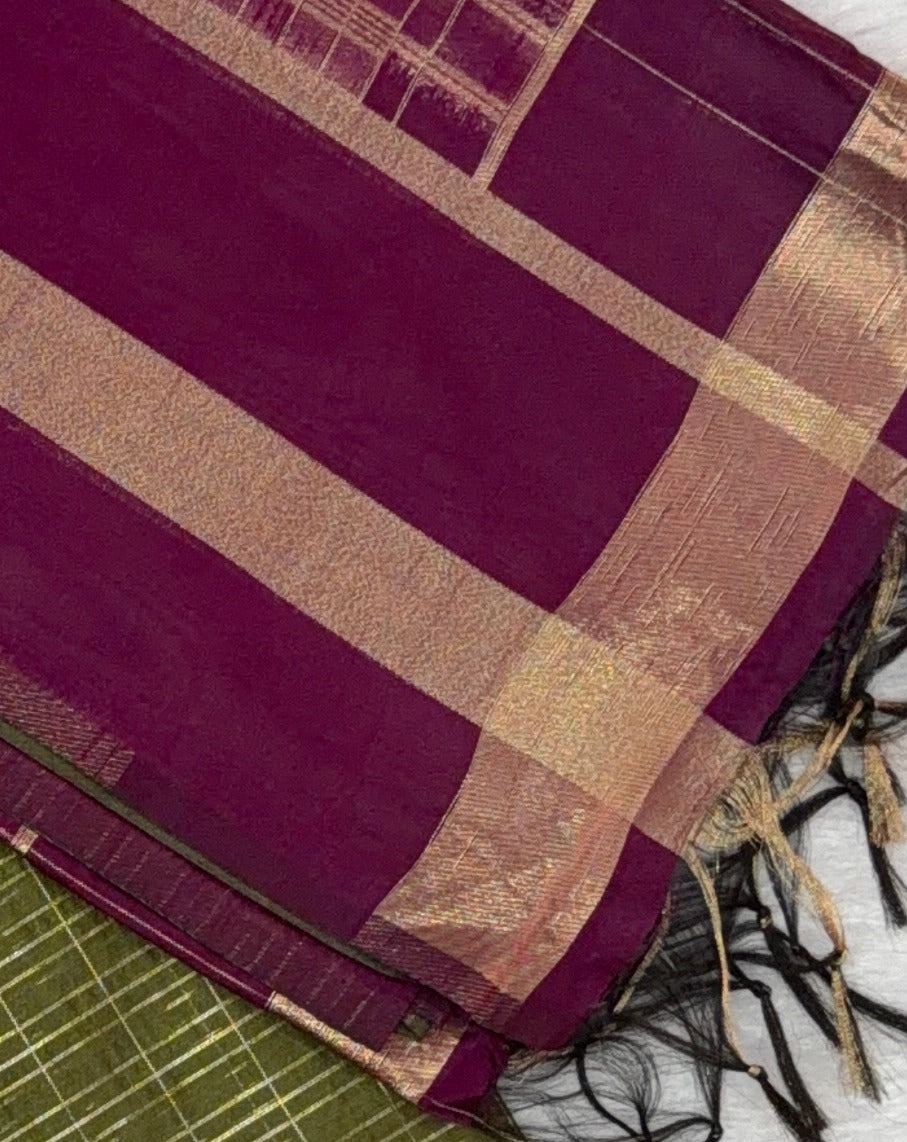 Maheshwari - Cotton Silk - Green Magenta Gold Lines