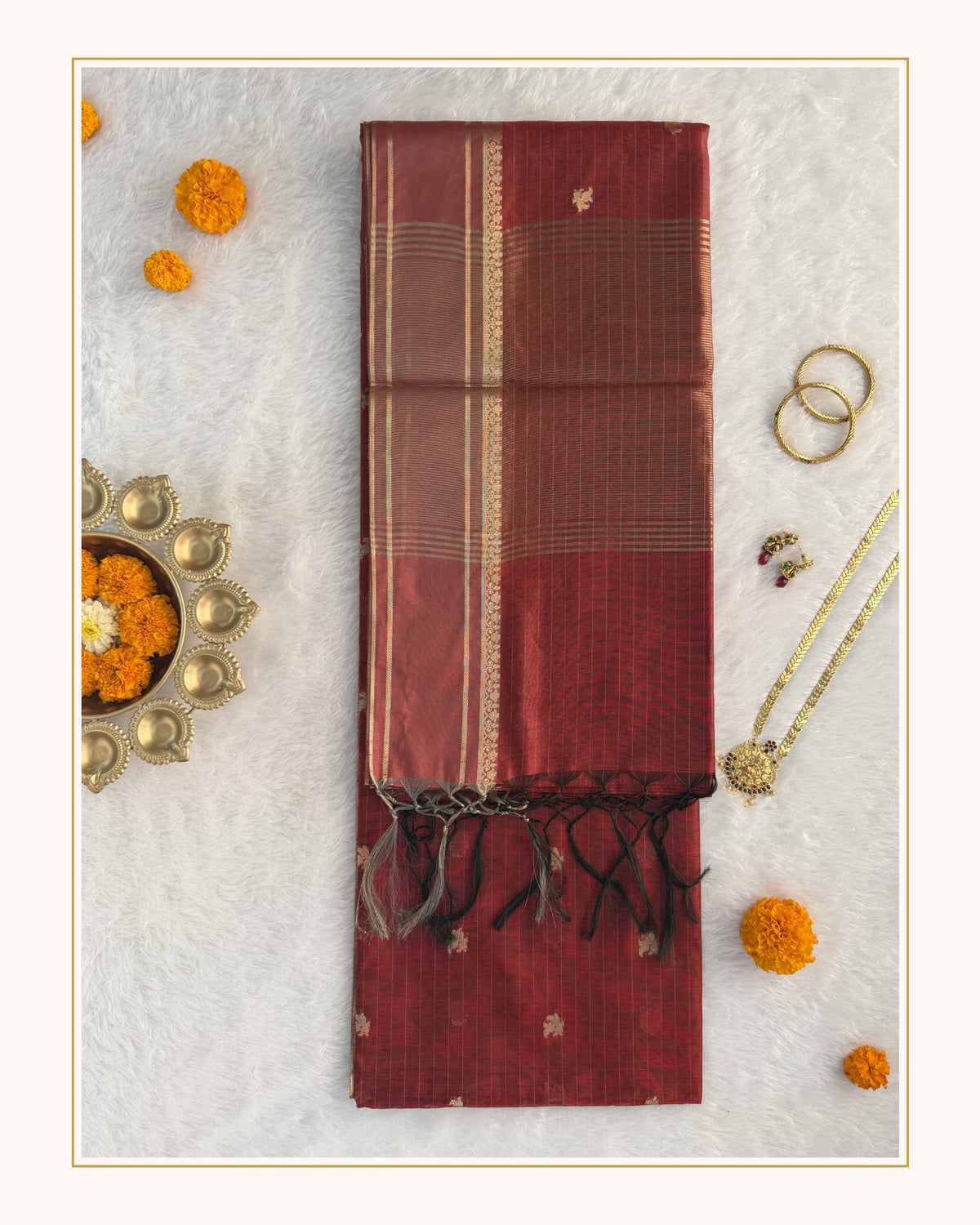 Maheshwari - Cotton Silk - Brick red Line Border