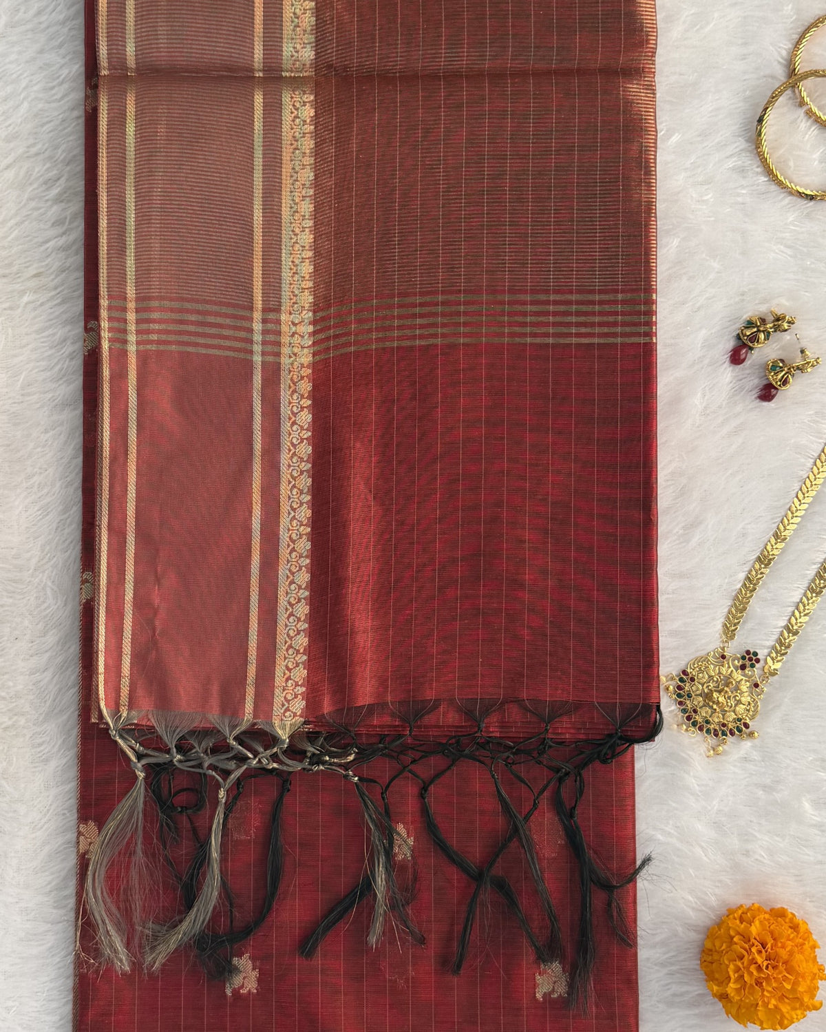 Maheshwari - Cotton Silk - Brick red Line Border