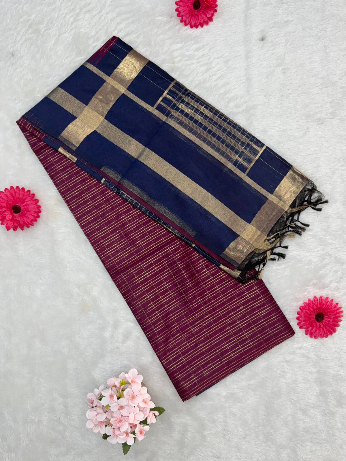 Maheshwari - Cotton Silk - Magenta Blue Gold Lines