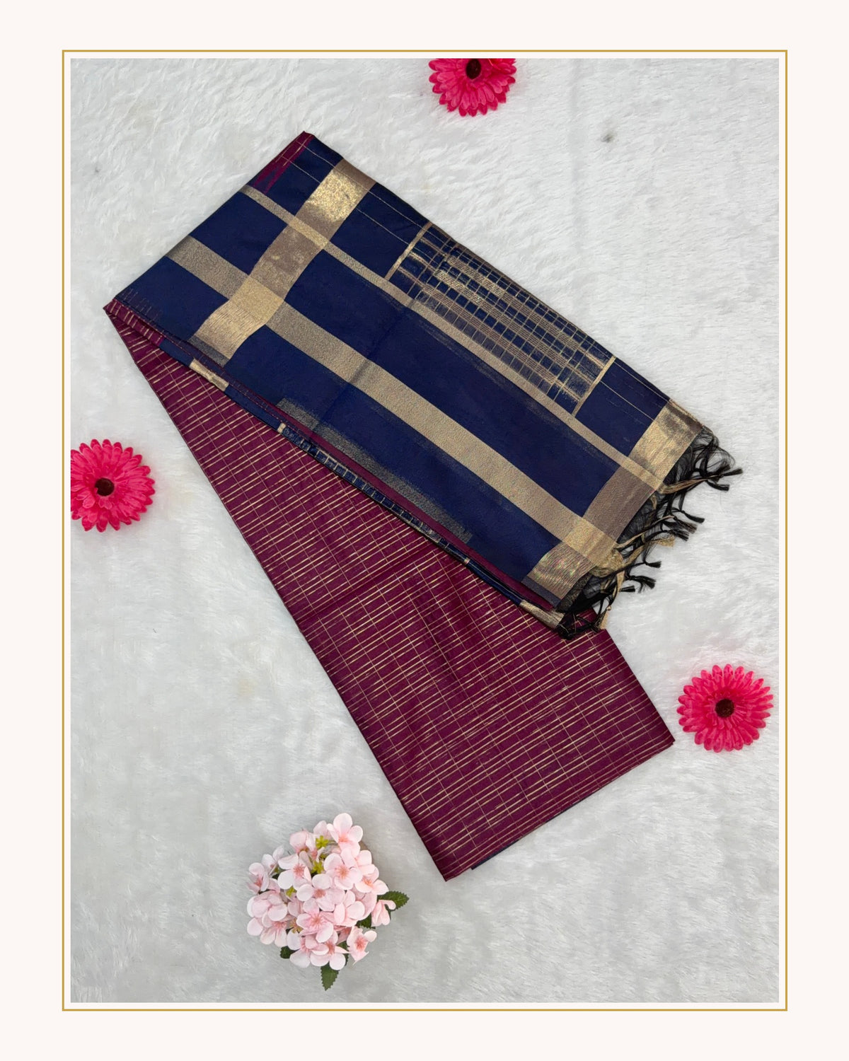 Maheshwari - Cotton Silk - Magenta Blue Gold Lines