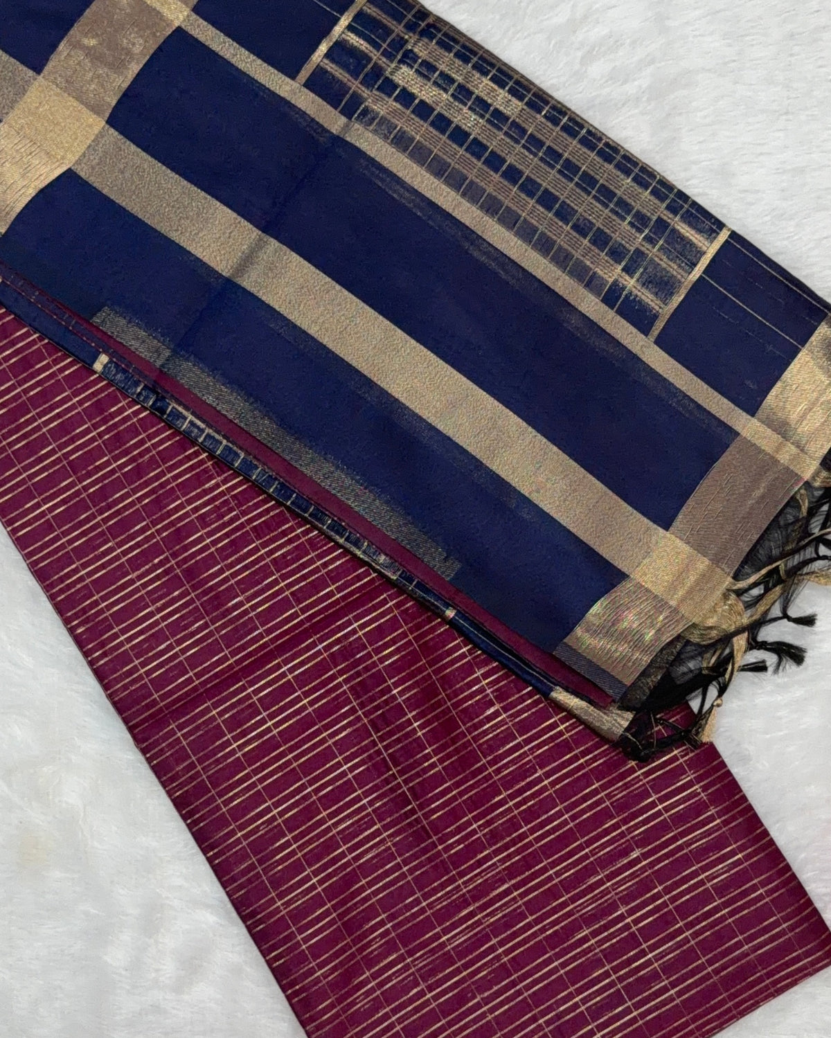 Maheshwari - Cotton Silk - Magenta Blue Gold Lines