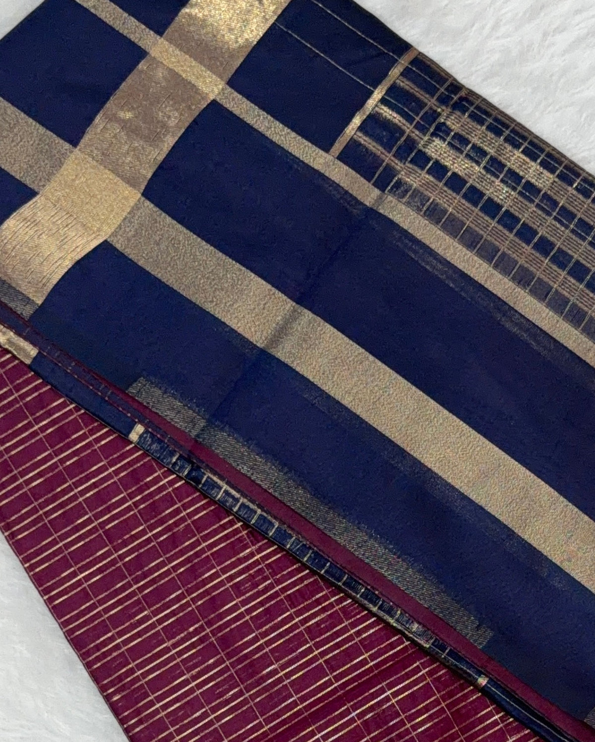 Maheshwari - Cotton Silk - Magenta Blue Gold Lines