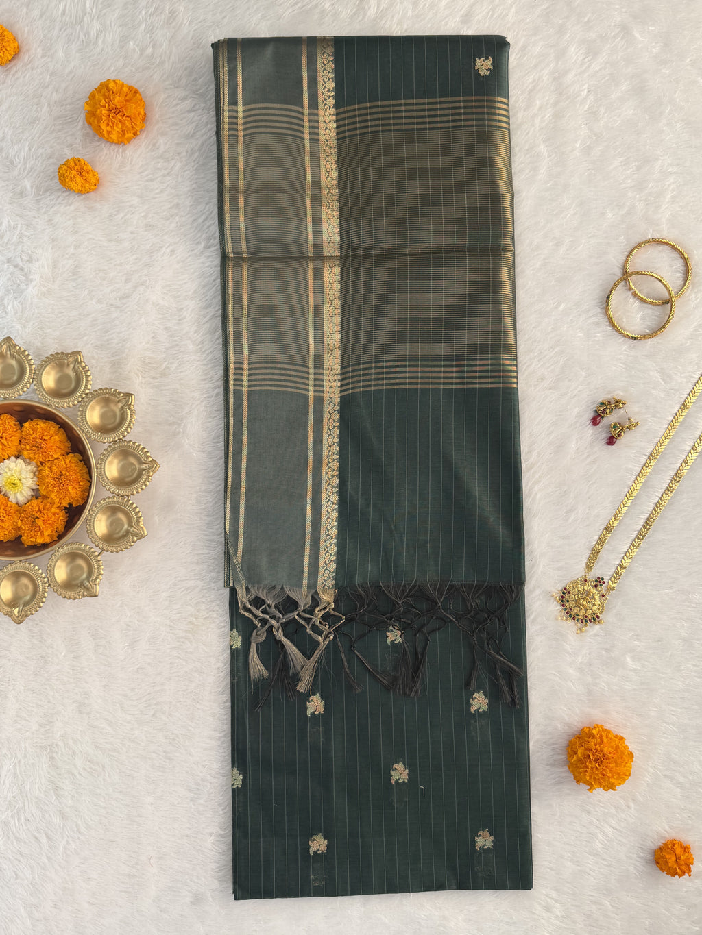 Maheshwari - Cotton Silk - Bottle Green Line Border