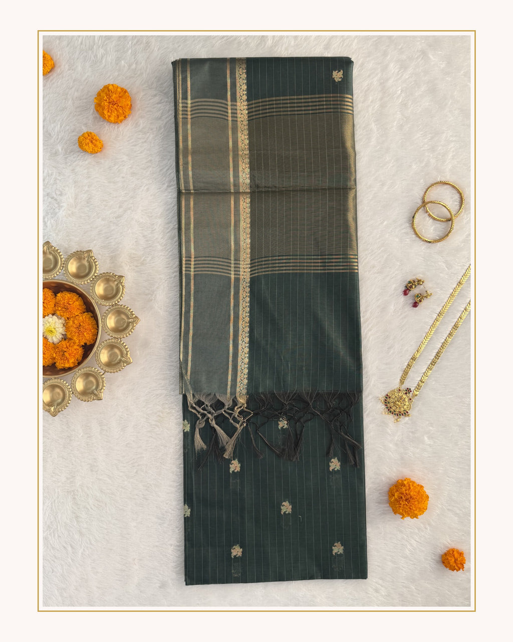 Maheshwari - Cotton Silk - Bottle Green Line Border