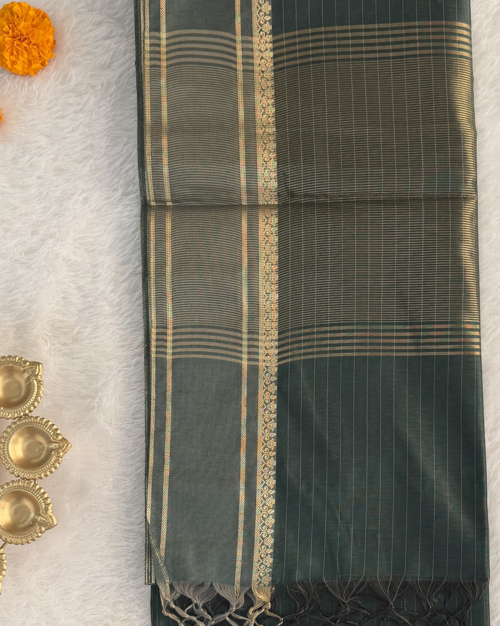 Maheshwari - Cotton Silk - Bottle Green Line Border