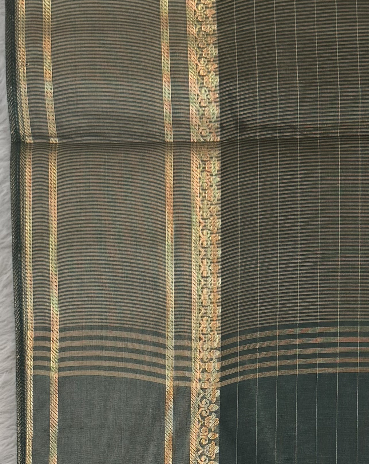 Maheshwari - Cotton Silk - Bottle Green Line Border