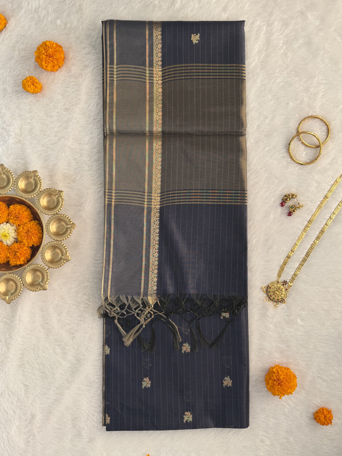 Maheshwari - Cotton Silk - Navy Blue Line Border