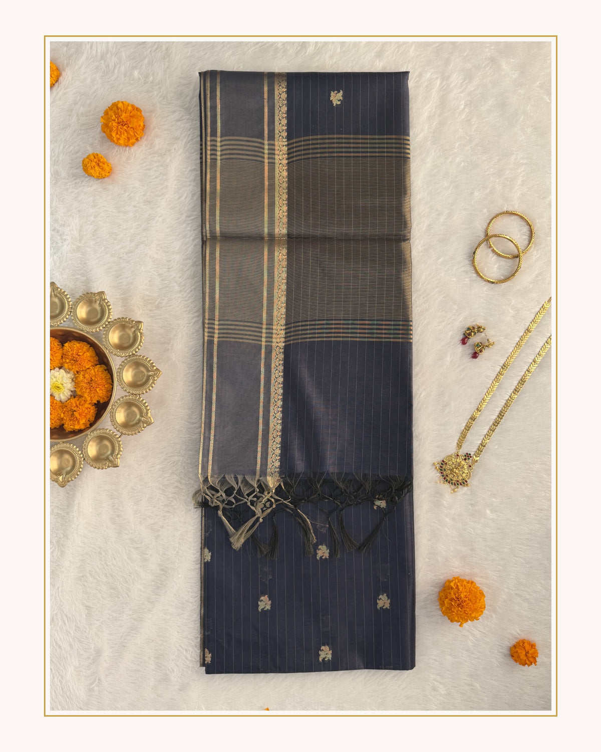 Maheshwari - Cotton Silk - Navy Blue Line Border