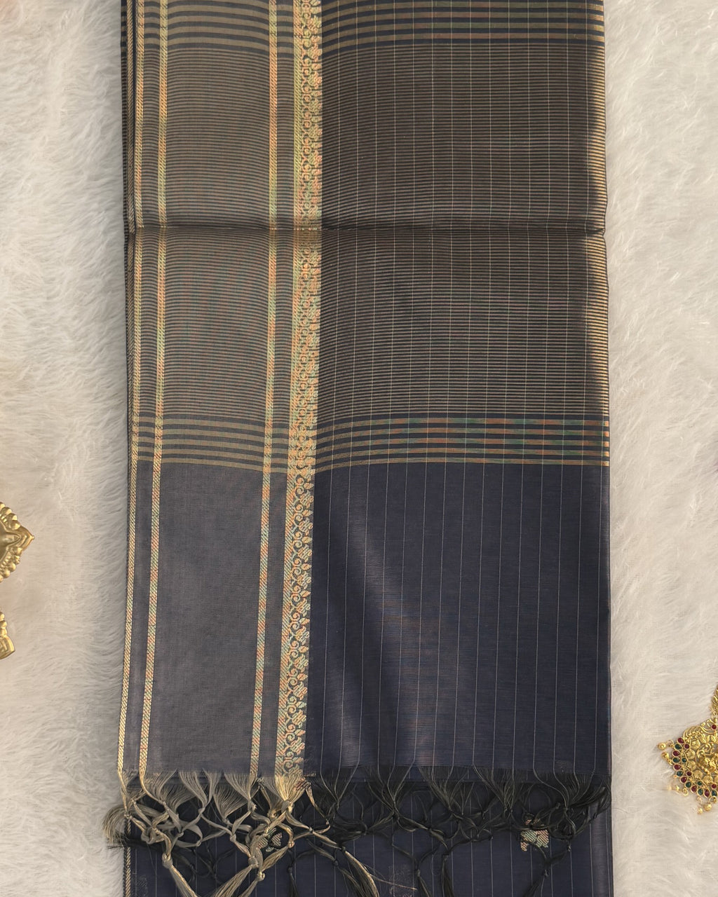 Maheshwari - Cotton Silk - Navy Blue Line Border