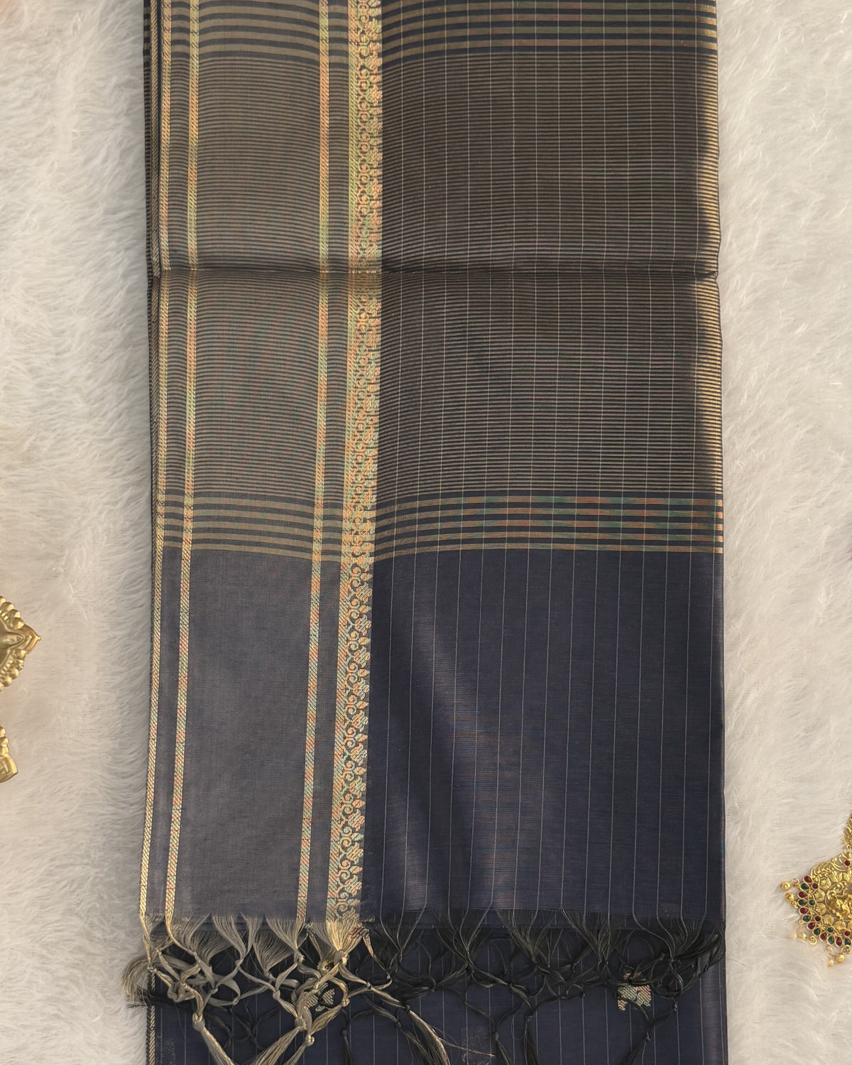 Maheshwari - Cotton Silk - Navy Blue Line Border