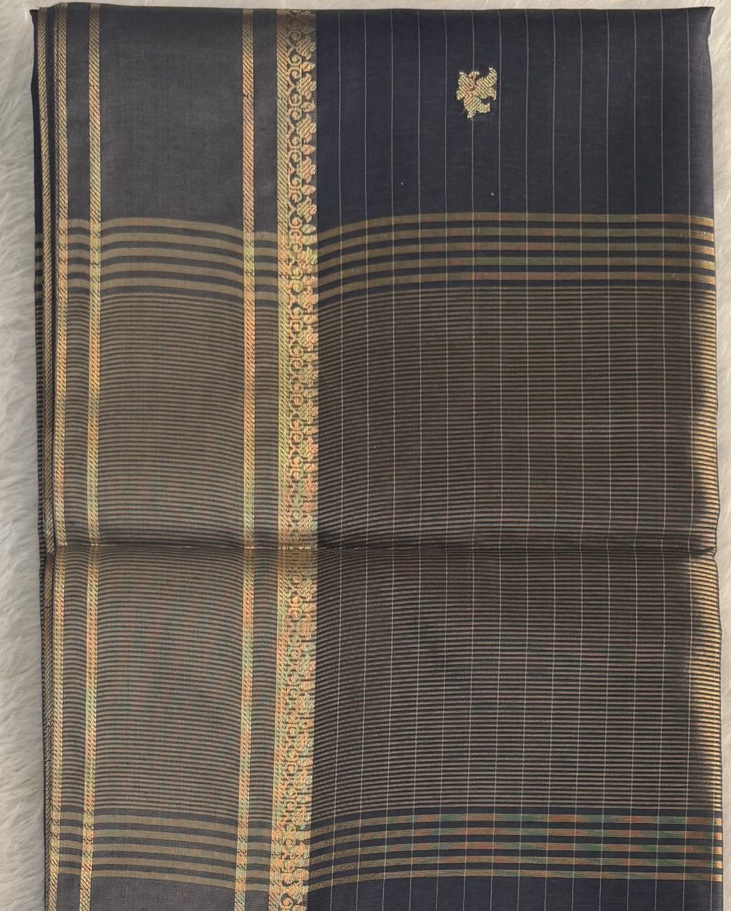 Maheshwari - Cotton Silk - Navy Blue Line Border