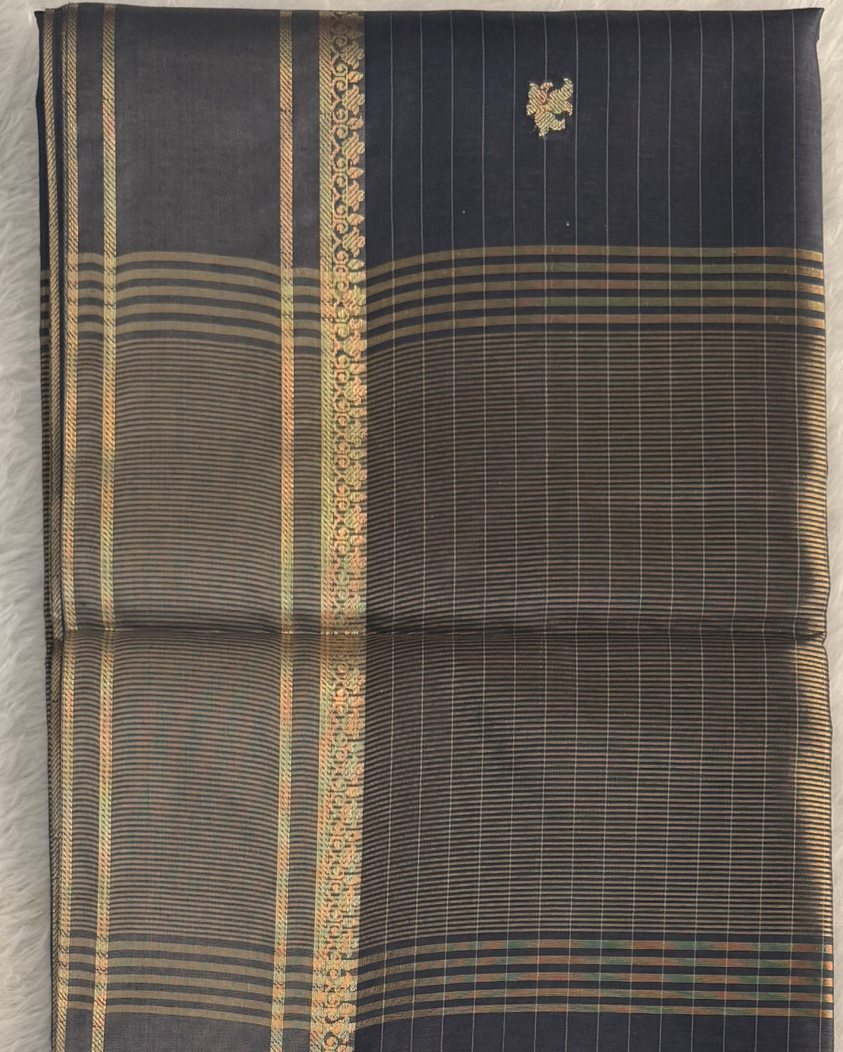 Maheshwari - Cotton Silk - Navy Blue Line Border