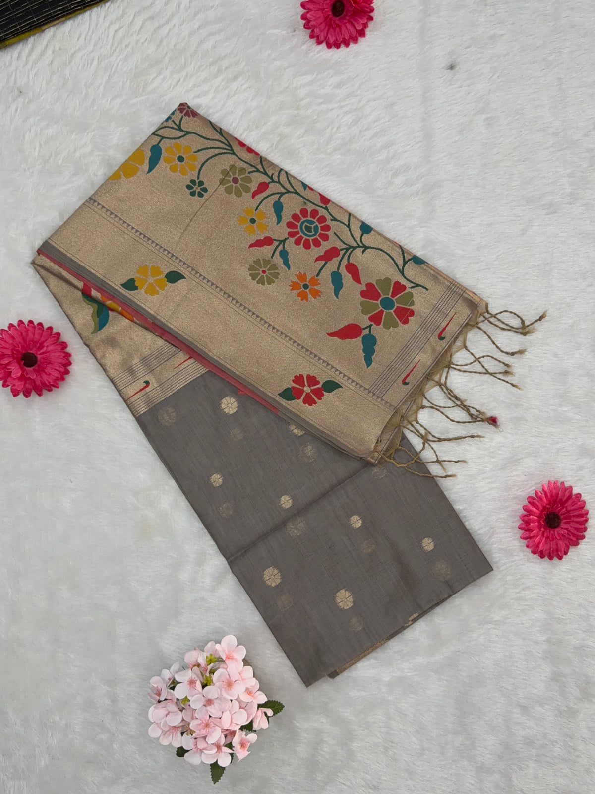 Jamdani - Cotton Chanderi - Grey Marigold
