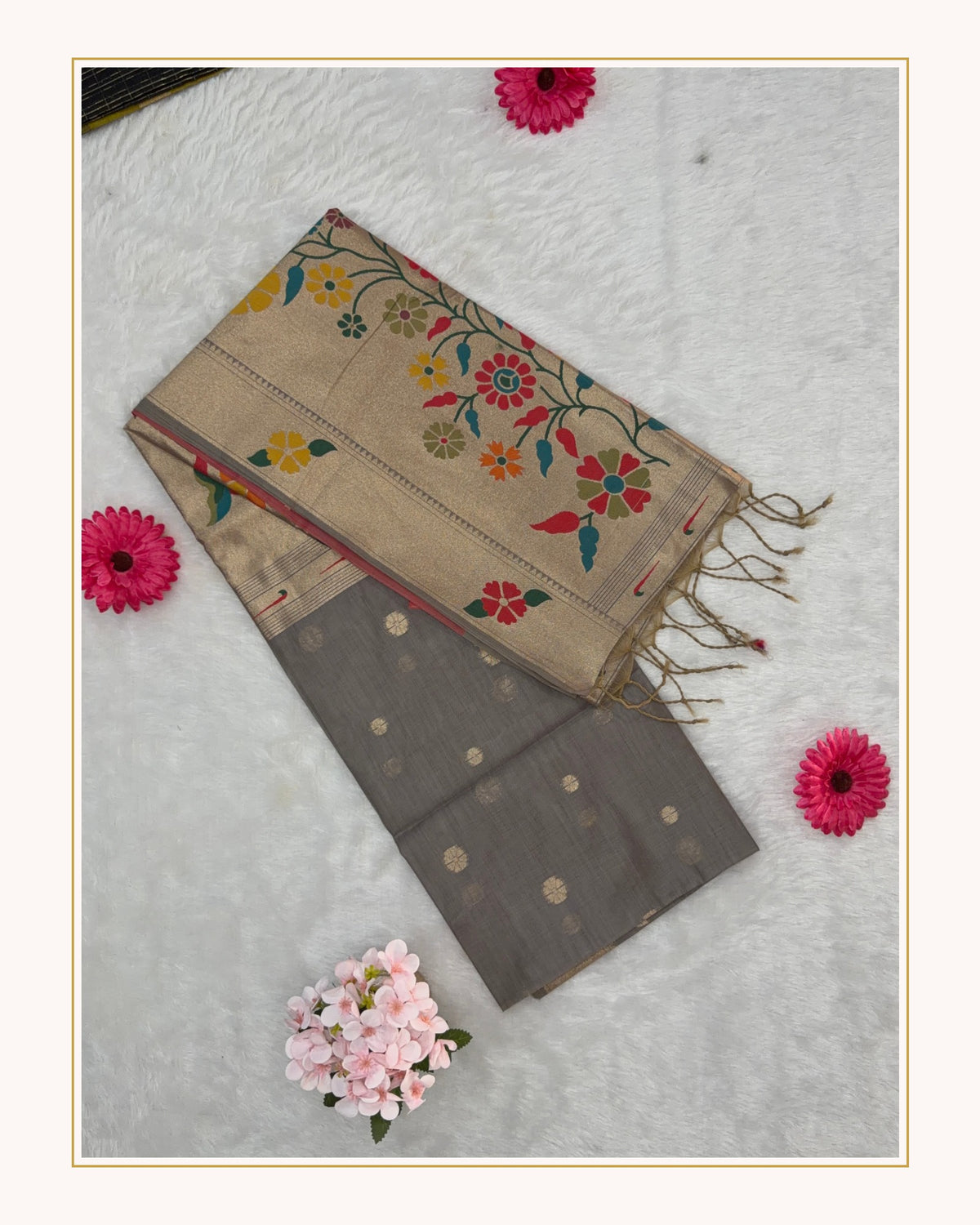 Jamdani - Cotton Chanderi - Grey Marigold