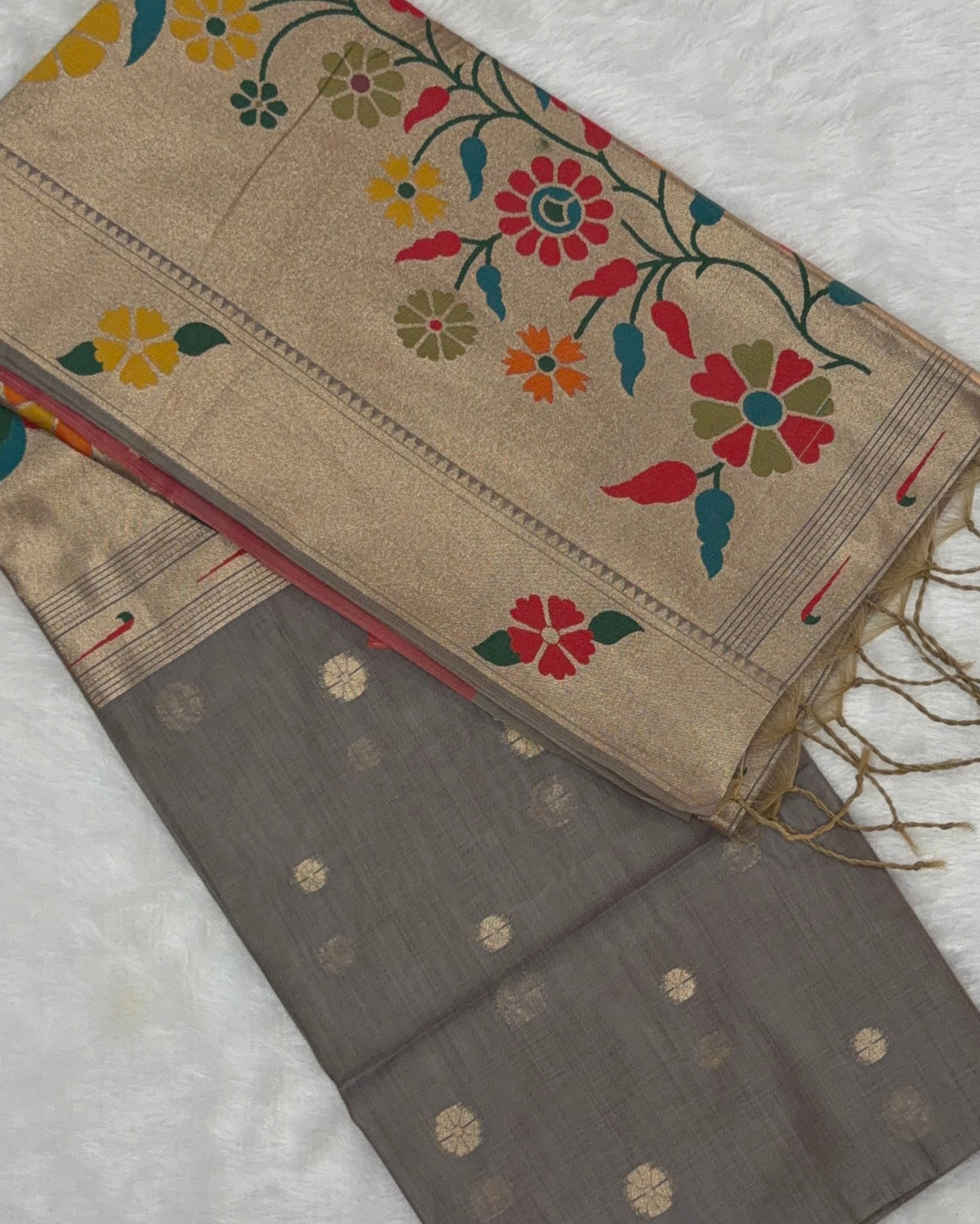 Jamdani - Cotton Chanderi - Grey Marigold