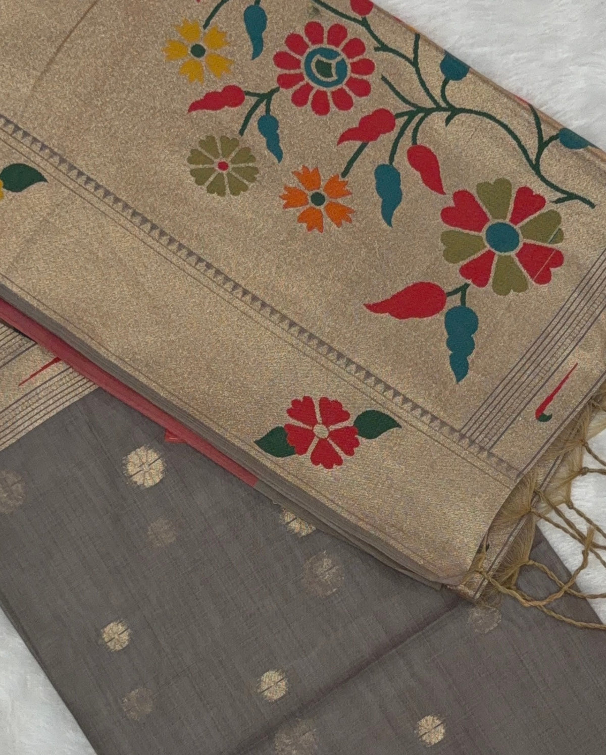 Jamdani - Cotton Chanderi - Grey Marigold