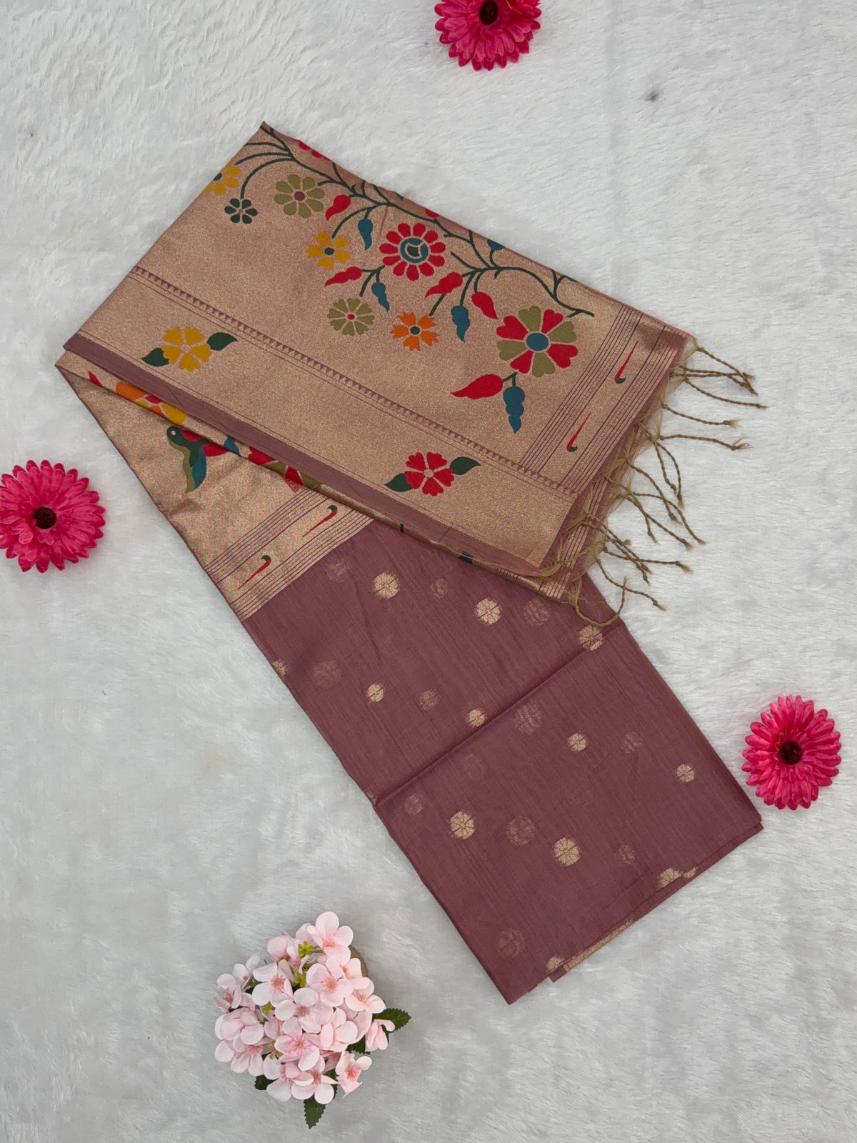 Jamdani - Cotton Chanderi - Onion Pink Marigold