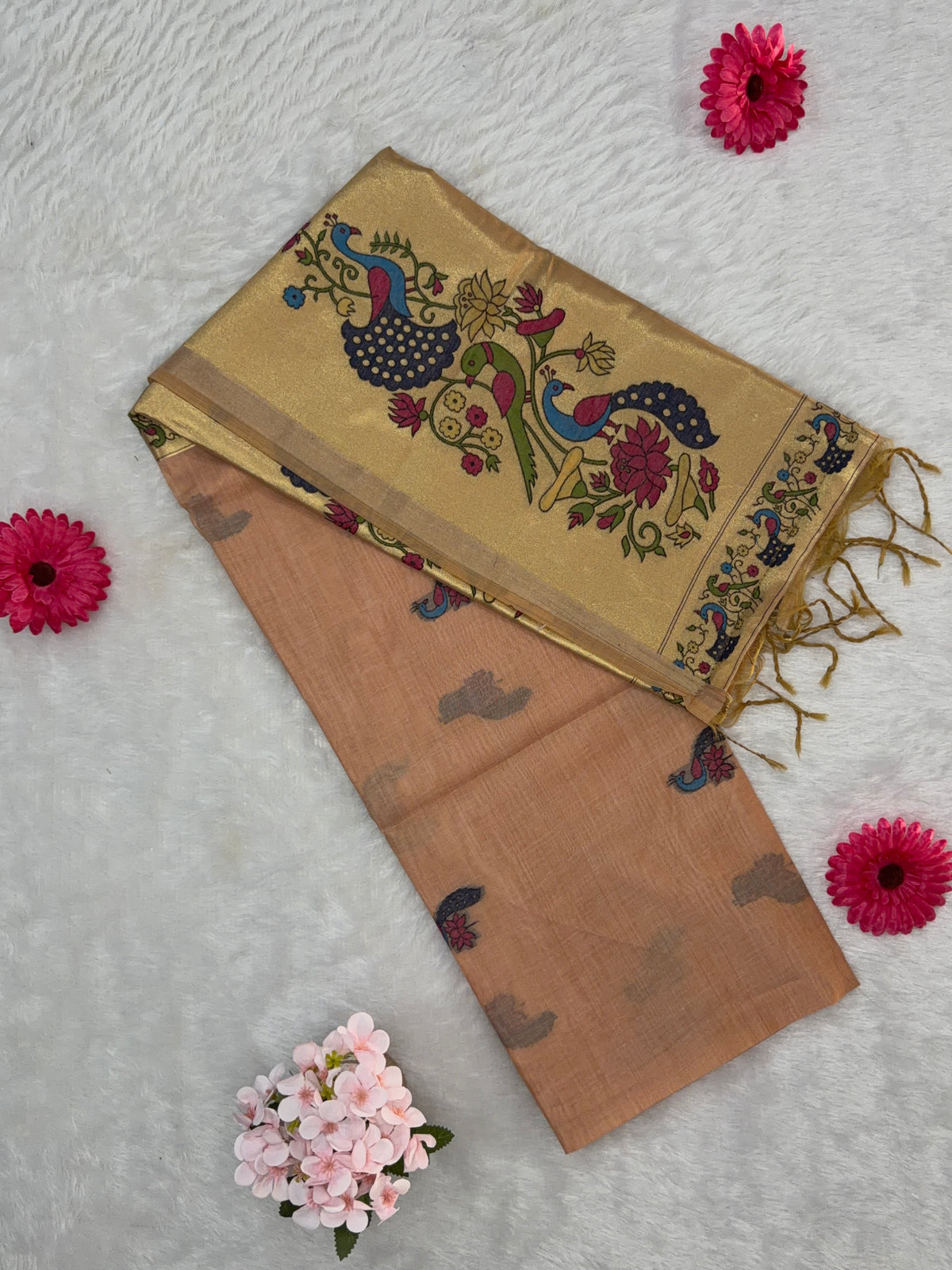 Jamdani - Cotton - Peach Peacock