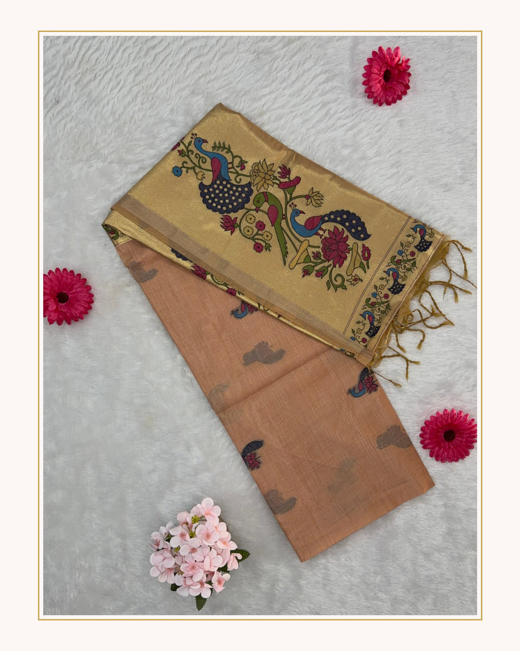 Jamdani - Cotton - Peach Peacock