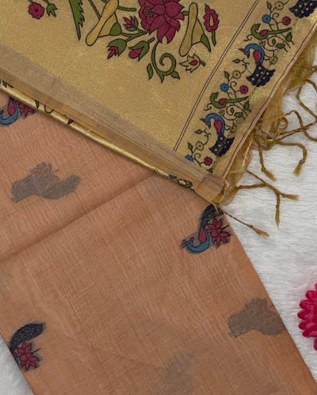 Jamdani - Cotton - Peach Peacock