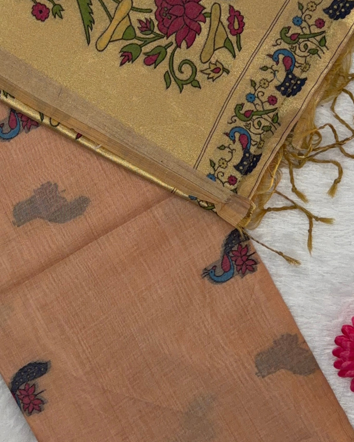 Jamdani - Cotton - Peach Peacock