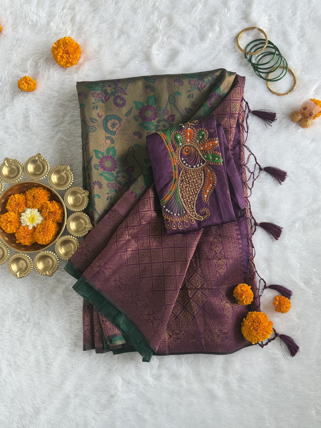 Tissue - Tissue Silk - Purple Green Tassels